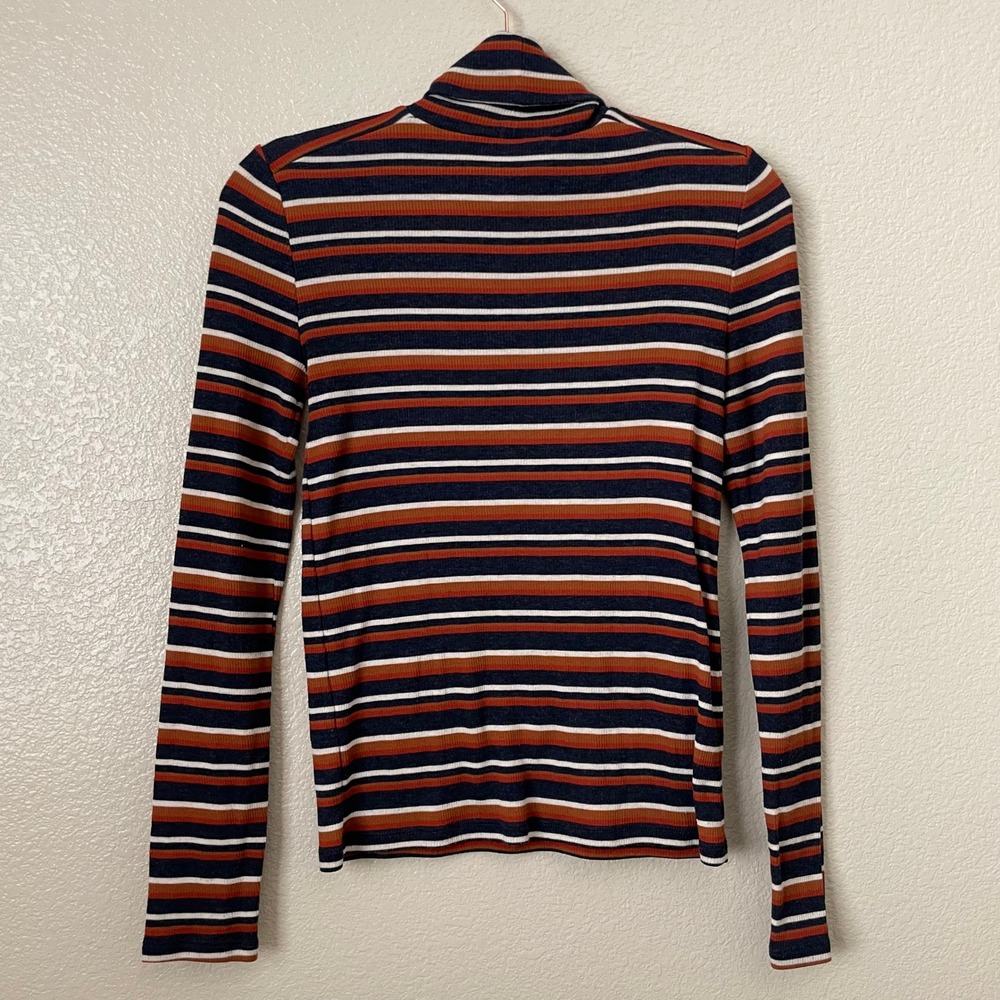 Madewell Top Womens Small Blue Brown Ribbed Striped Turtleneck Long Sleeve Shirt - Picture 9 of 12